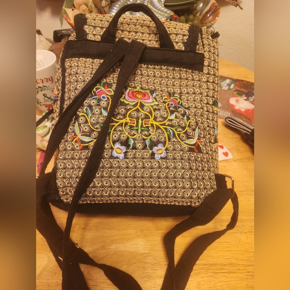 Embroidered Mexican Style Floral Print Backpack / purse